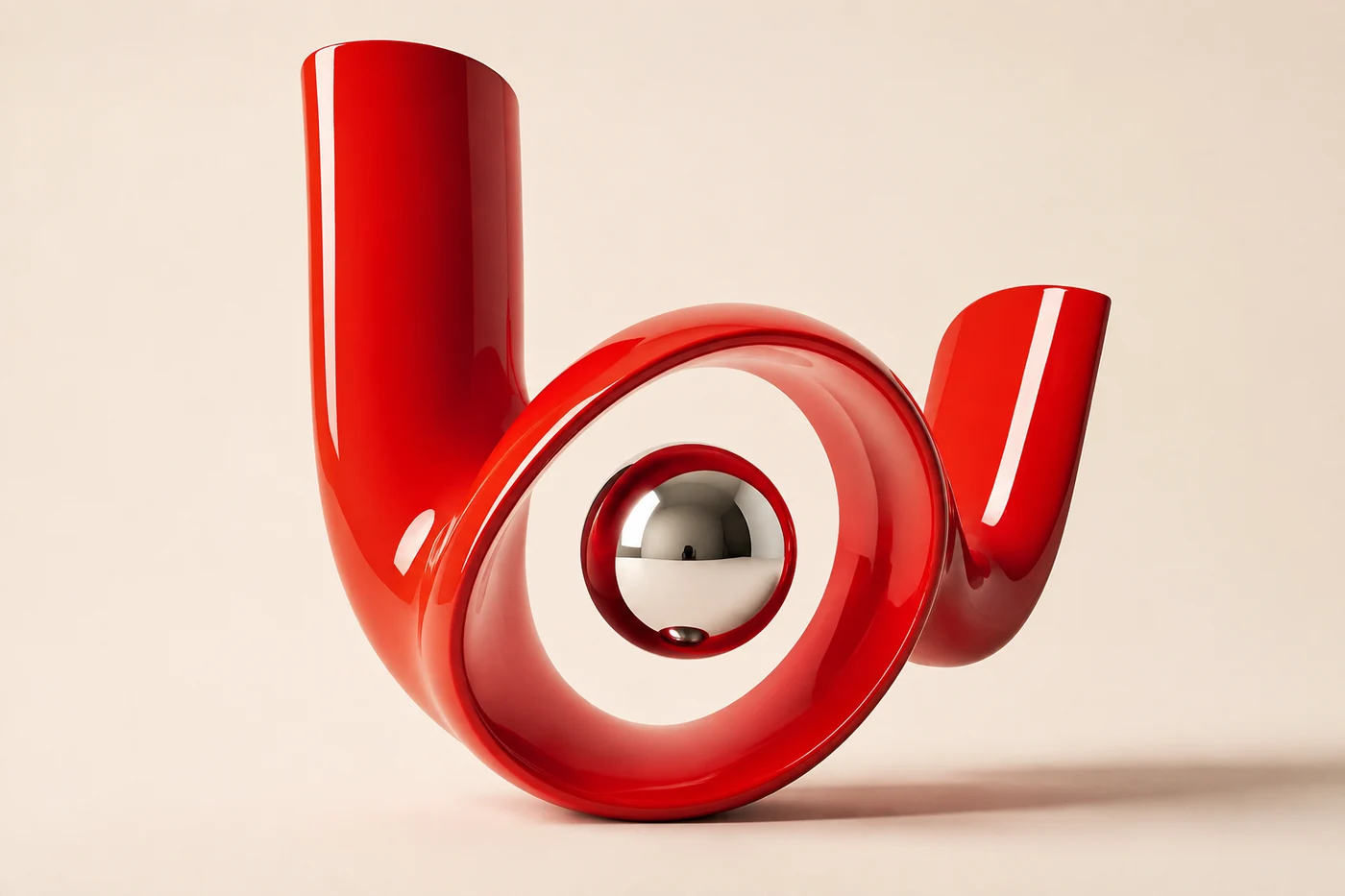 Sculptural red ribbon and chrome sphere, Bigpop brand artwork